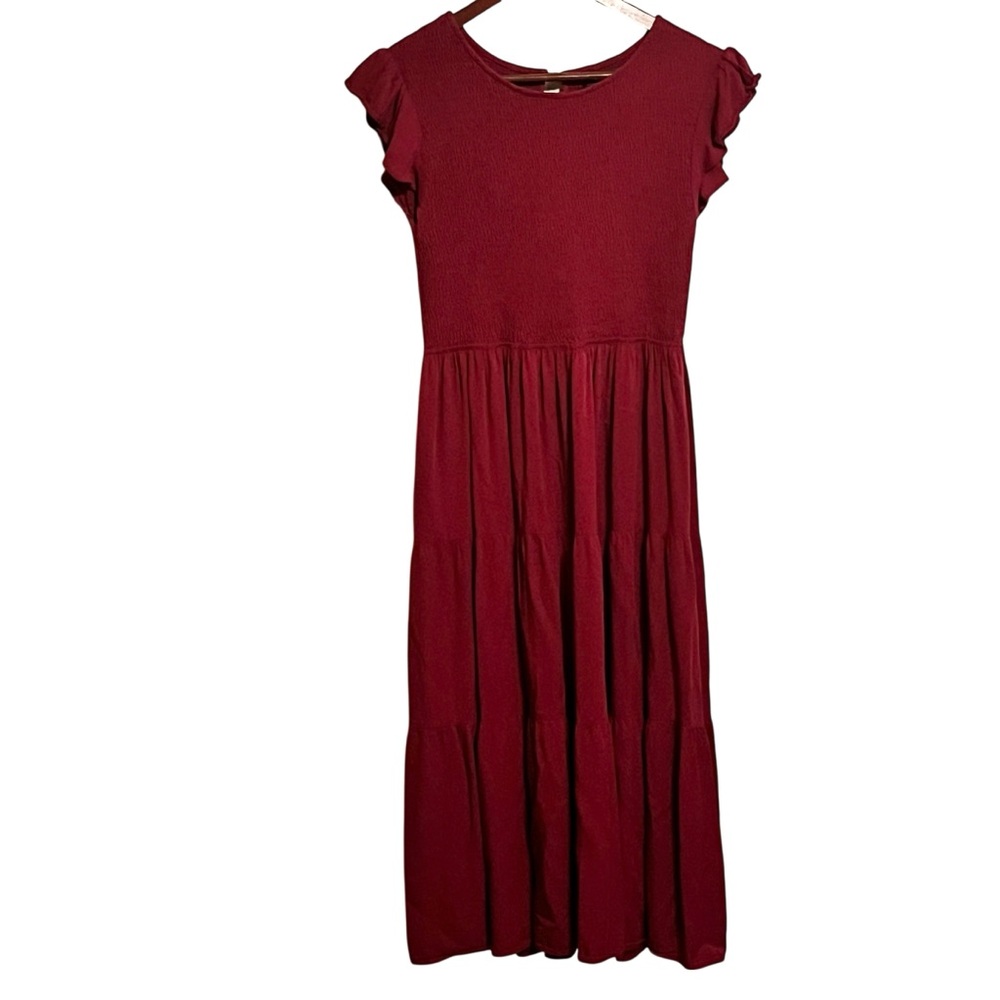 Kyl Dress Smocked Summer Dress Tiered Midi Flutter Sleeve Red Size Large - Picture 1 of 7